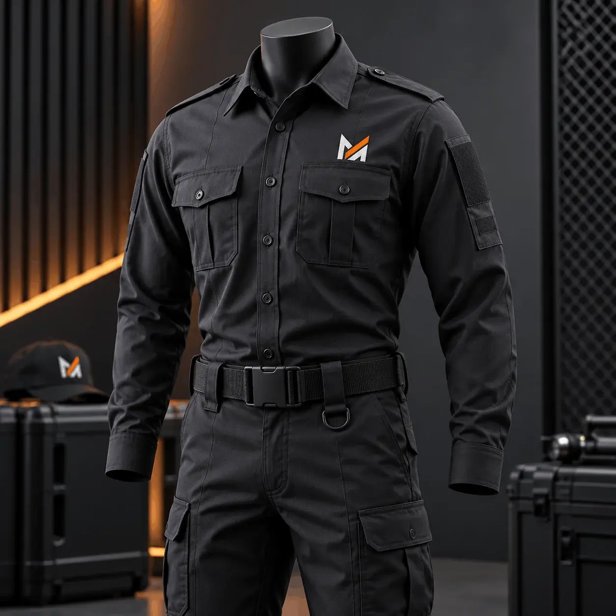 Professional black security uniform displayed on a mannequin, featuring a long-sleeve tactical shirt, cargo trousers, utility belt, chest pockets, shoulder details, and Mega Apparel branding in a modern security-themed setting.